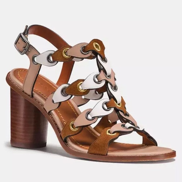 Coach Shoes - Coach Mid Heel Sandal Links Size 6.5 white Nude Brown Tones